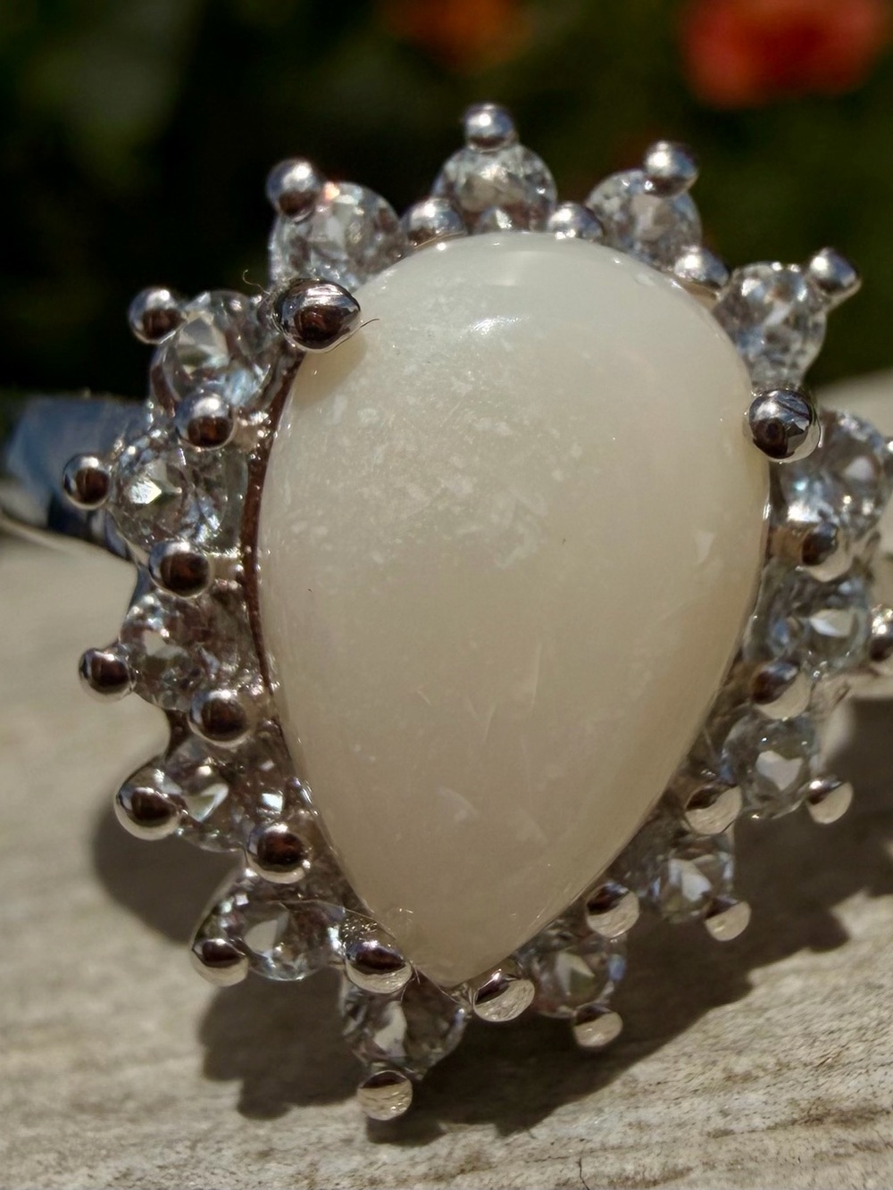 Brilliant White Opal & Blue Topaz Ring | 14K White Gold Plated|Size 8